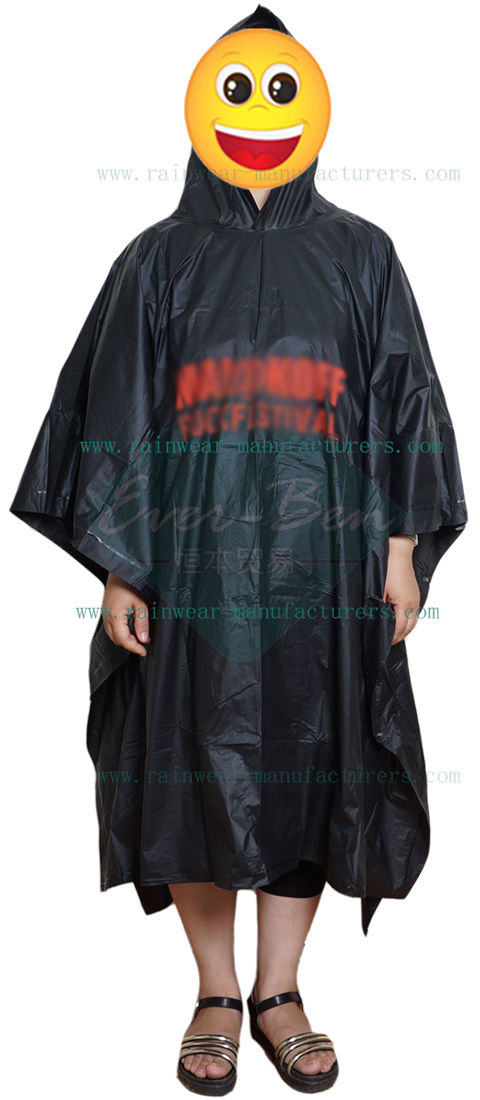 Black PVC poncho rain gear with printing logo